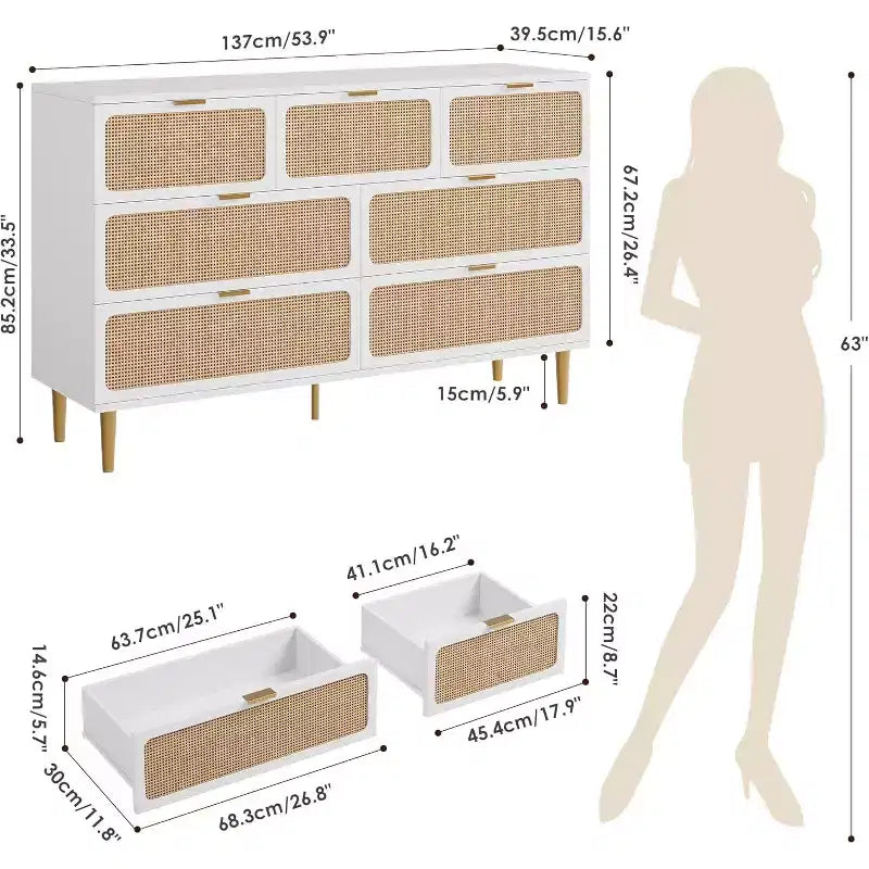 Commode en rotin à 7 tiroirs pour chambre à coucher, commode haute avec tiroirs profonds, grande commode pour placard avec large plateau, longue commode en bois