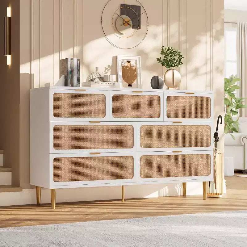 Commode en rotin à 7 tiroirs pour chambre à coucher, commode haute avec tiroirs profonds, grande commode pour placard avec large plateau, longue commode en bois