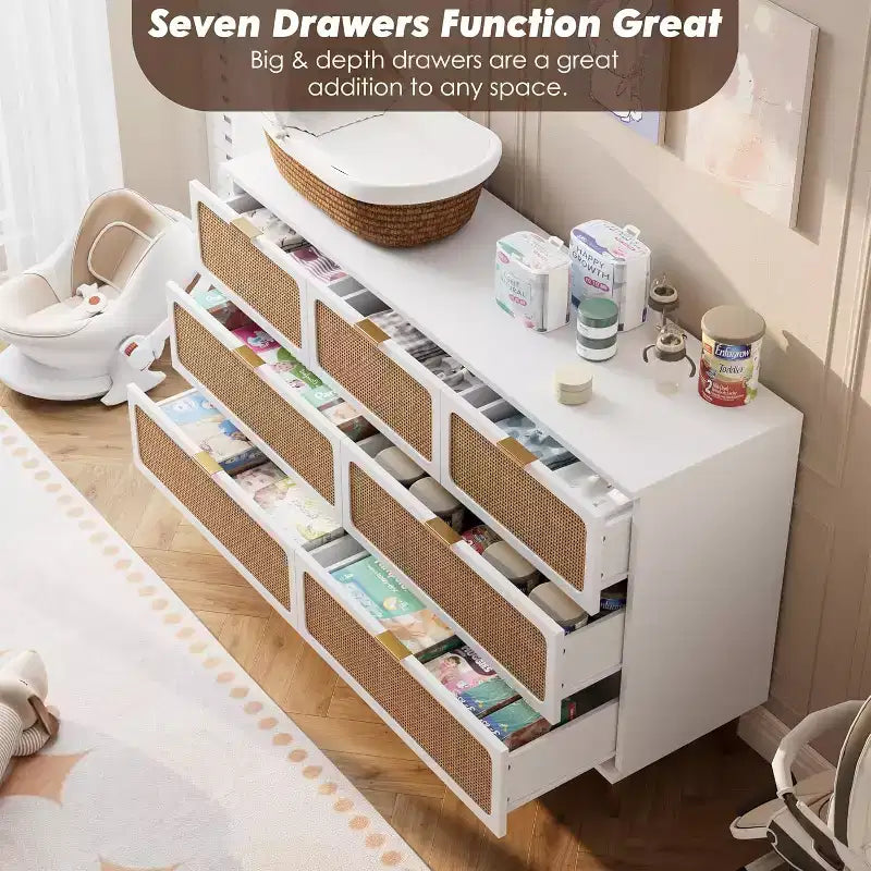 Commode en rotin à 7 tiroirs pour chambre à coucher, commode haute avec tiroirs profonds, grande commode pour placard avec large plateau, longue commode en bois