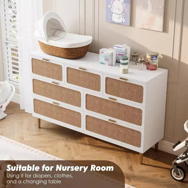 Commode en rotin à 7 tiroirs pour chambre à coucher, commode haute avec tiroirs profonds, grande commode pour placard avec large plateau, longue commode en bois