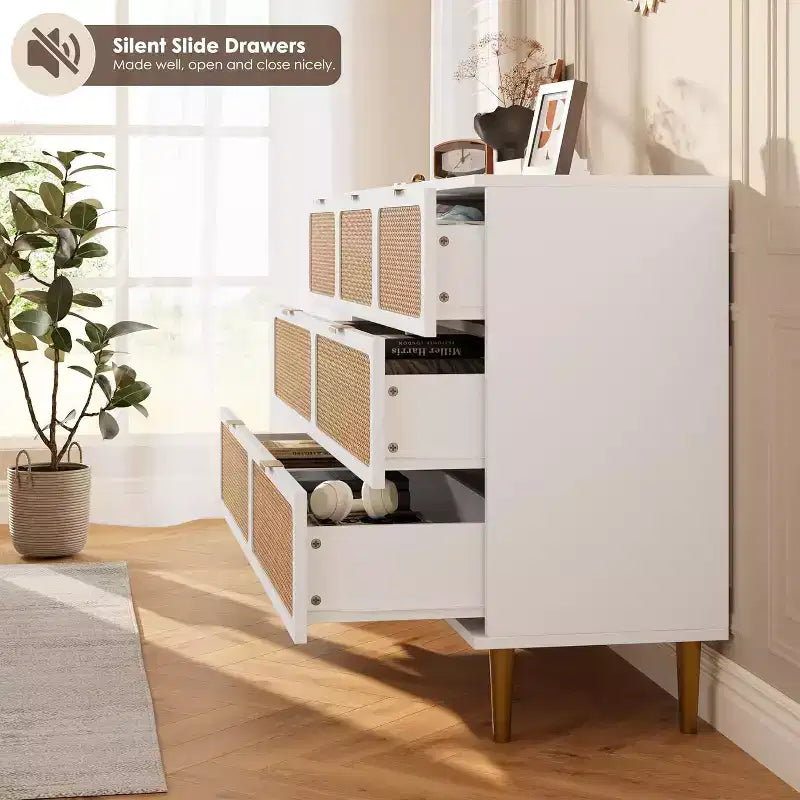 Commode en rotin à 7 tiroirs pour chambre à coucher, commode haute avec tiroirs profonds, grande commode pour placard avec large plateau, longue commode en bois