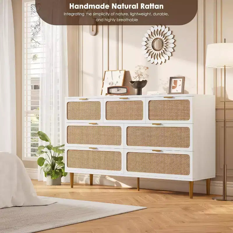 Commode en rotin à 7 tiroirs pour chambre à coucher, commode haute avec tiroirs profonds, grande commode pour placard avec large plateau, longue commode en bois