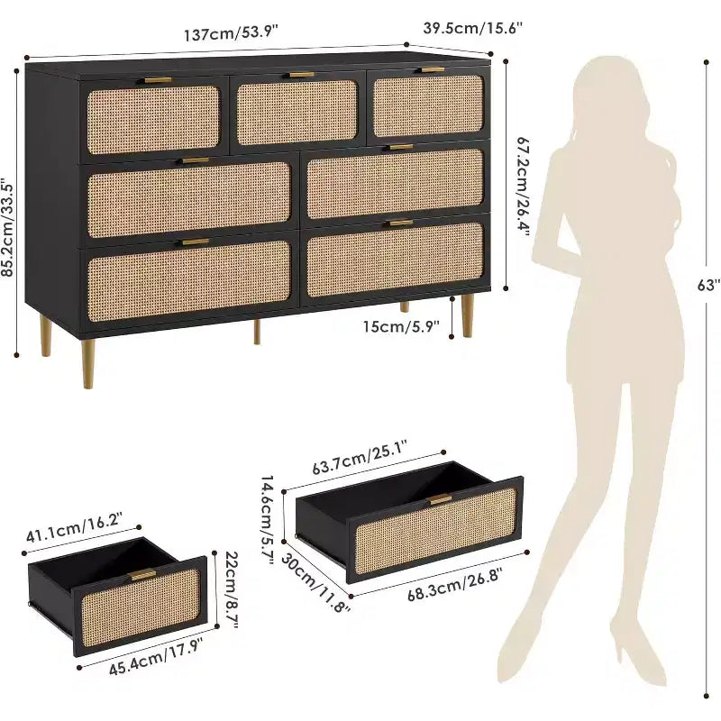 Rattan-Kommoden mit 7 Schubladen für das Schlafzimmer, hohe Kommode mit tiefen Schubladen, große Schubladenkommode für den Kleiderschrank mit breiter Oberseite, lange Holzkommode