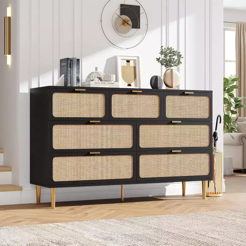 Commode en rotin à 7 tiroirs pour chambre à coucher, commode haute avec tiroirs profonds, grande commode pour placard avec large plateau, longue commode en bois