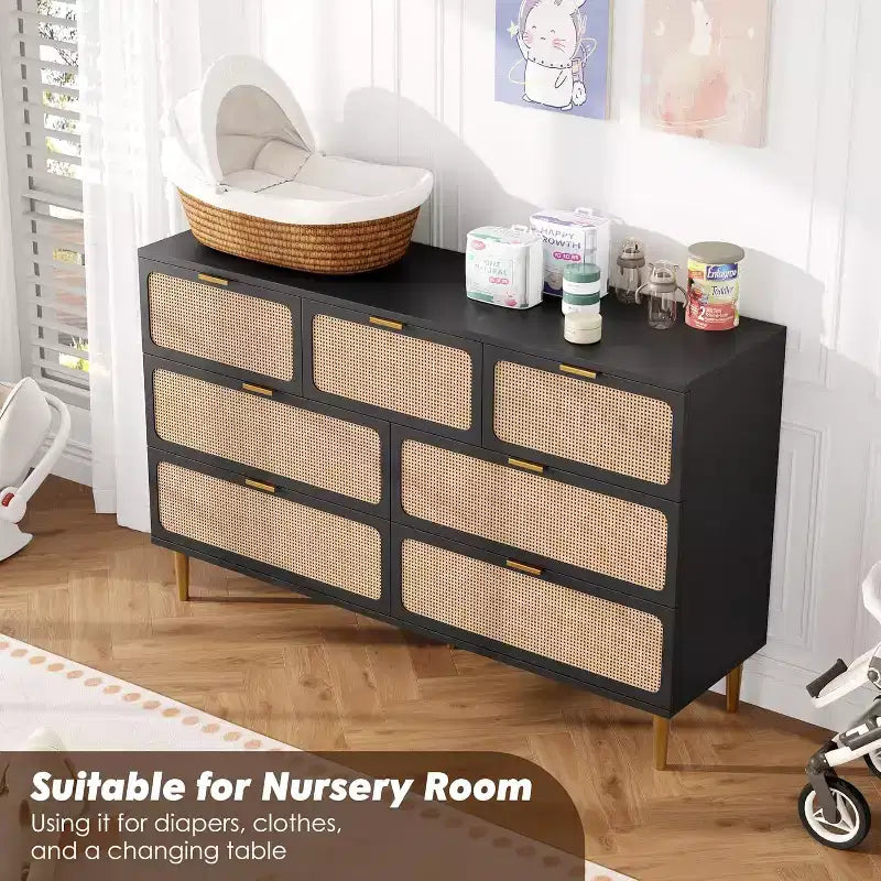 Commode en rotin à 7 tiroirs pour chambre à coucher, commode haute avec tiroirs profonds, grande commode pour placard avec large plateau, longue commode en bois