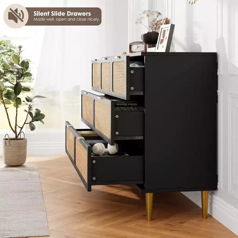 Commode en rotin à 7 tiroirs pour chambre à coucher, commode haute avec tiroirs profonds, grande commode pour placard avec large plateau, longue commode en bois