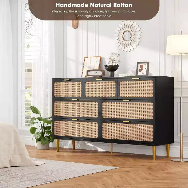 Commode en rotin à 7 tiroirs pour chambre à coucher, commode haute avec tiroirs profonds, grande commode pour placard avec large plateau, longue commode en bois