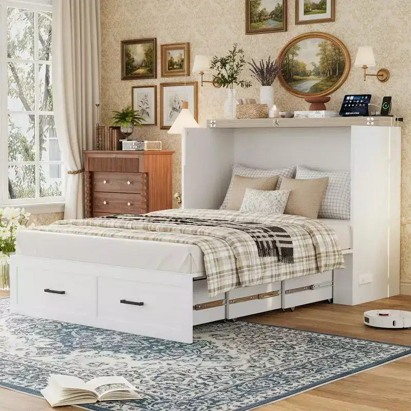 Cama abatible Murphy plegable en un armario, con cajón de almacenamiento y estación de carga