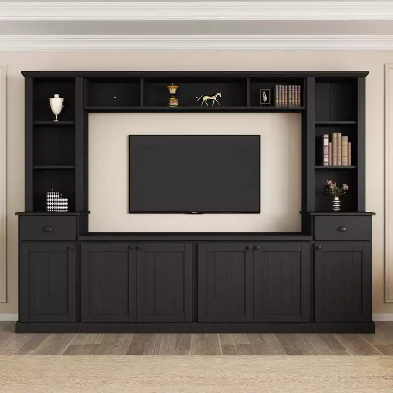 TV-Wohnwand mit Brücke 75, TV-Ständer mit Stauraumschrank und Bücherregalen, große Medienkonsole mit verstellbaren Einlegeböden