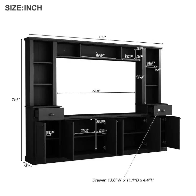 TV-Wohnwand mit Brücke 75, TV-Ständer mit Stauraumschrank und Bücherregalen, große Medienkonsole mit verstellbaren Einlegeböden