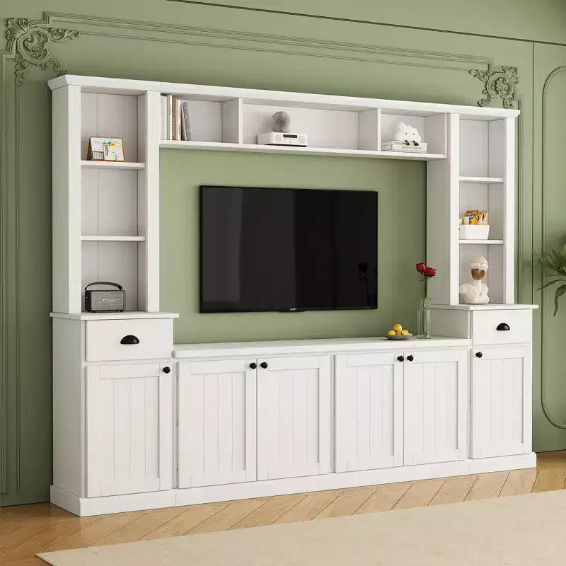 TV-Wohnwand mit Brücke 75, TV-Ständer mit Stauraumschrank und Bücherregalen, große Medienkonsole mit verstellbaren Einlegeböden