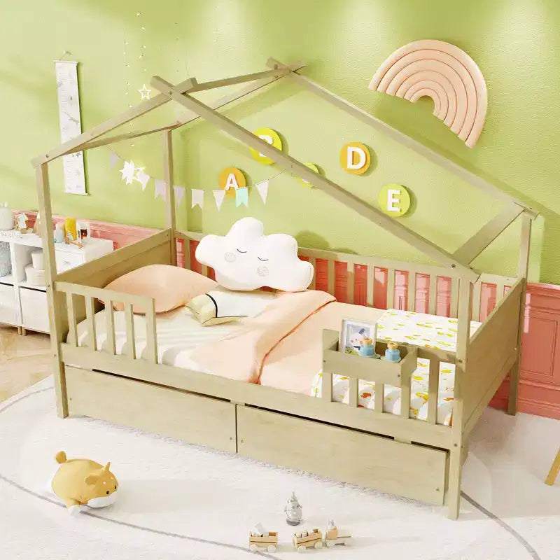 Cama individual tipo casita con 2 cajones de almacenamiento, techo y barandillas de cerca, cabecero y pie de cama