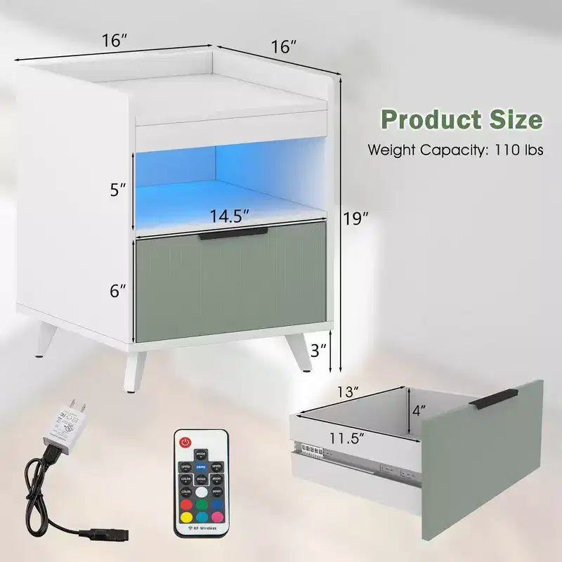 Table de chevet moderne avec éclairage LED, compartiment ouvert et tiroir