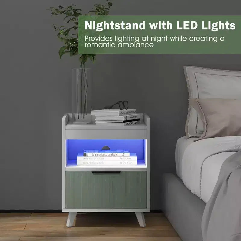 Table de chevet moderne avec éclairage LED, compartiment ouvert et tiroir