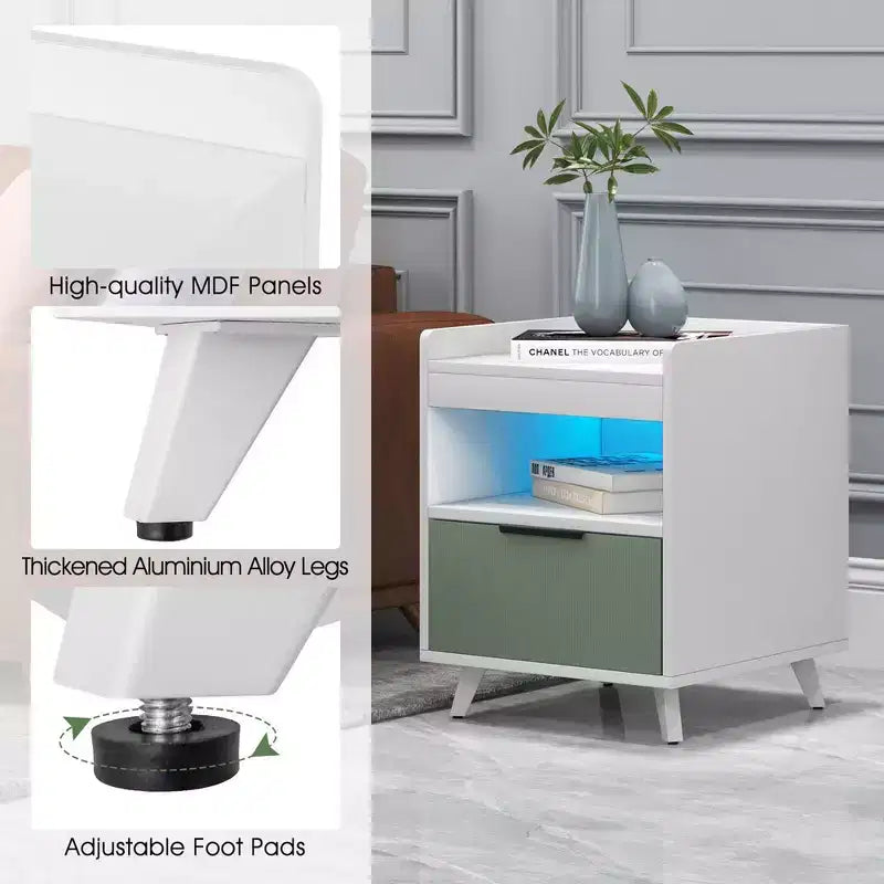 Table de chevet moderne avec éclairage LED, compartiment ouvert et tiroir