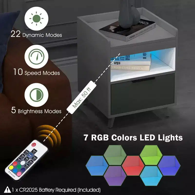 Table de chevet moderne avec éclairage LED, compartiment ouvert et tiroir