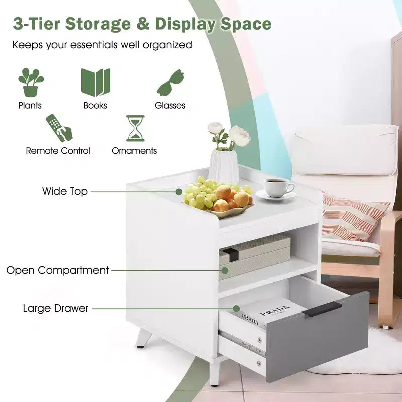 Table de chevet moderne avec éclairage LED, compartiment ouvert et tiroir