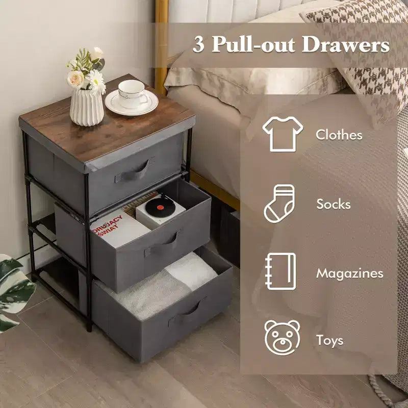 Commode avec 3 tiroirs, 1 pièce/2 pièces, tour de rangement en tissu, table de chevet haute avec couvercle amovible pour chambre à coucher
