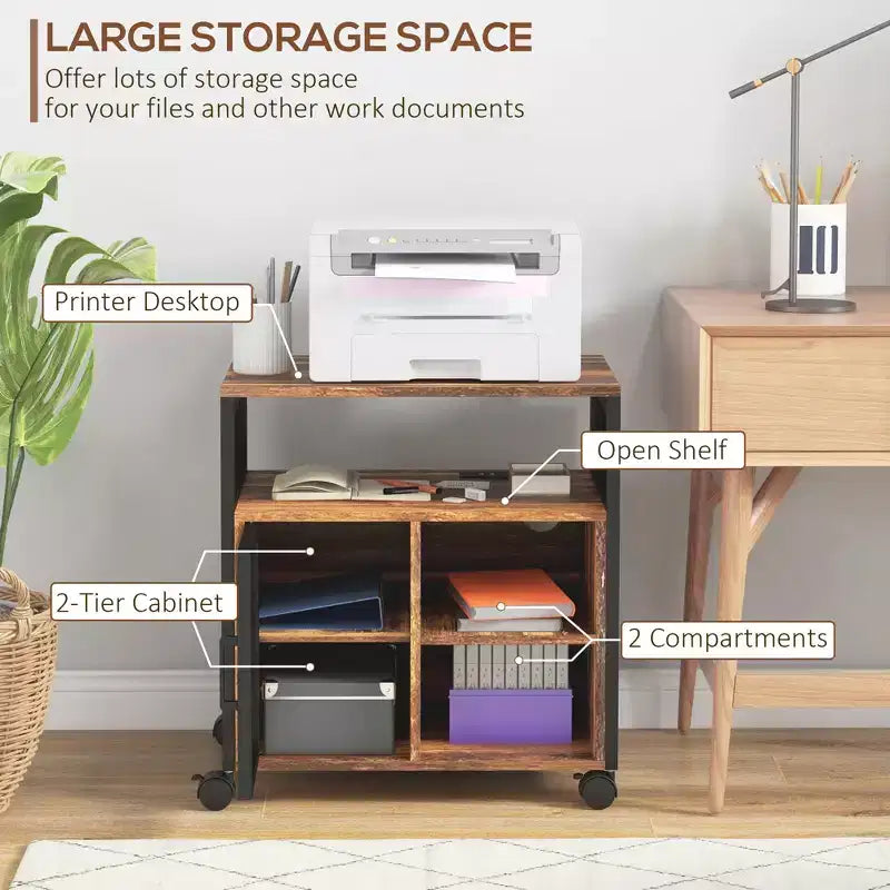 Soporte para impresora con toma de corriente y puertos de carga USB, mesa industrial móvil para impresora con almacenamiento y ruedas