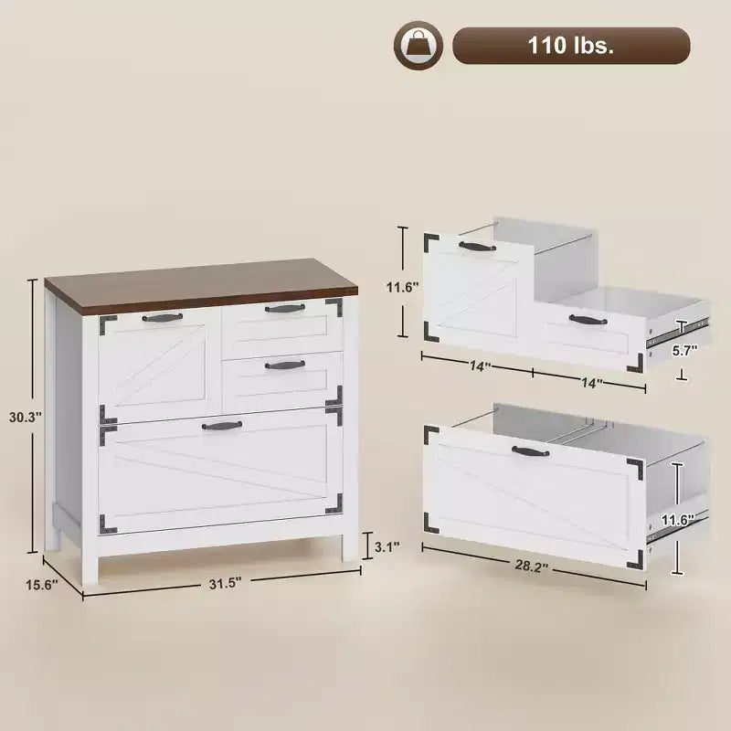 Classeur latéral de style champêtre à 4 tiroirs, compatible avec les dossiers suspendus Letter, A4 et Legal