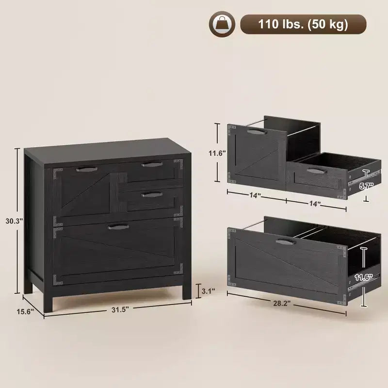 Classeur latéral de style champêtre à 4 tiroirs, compatible avec les dossiers suspendus Letter, A4 et Legal