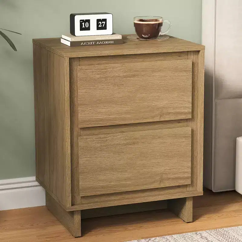 Cómoda moderna de madera con 2 cajones y detalles de bordes limpios, mueble de almacenamiento versátil para dormitorio, sala de estar, oficina y recibidor