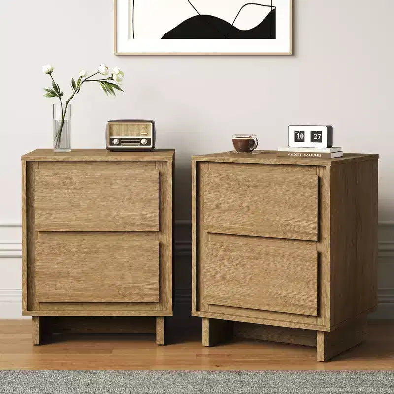 Cómoda moderna de madera con 2 cajones y detalles de bordes limpios, mueble de almacenamiento versátil para dormitorio, sala de estar, oficina y recibidor