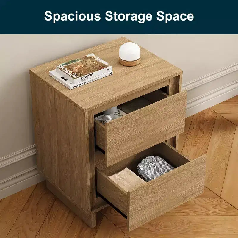 Cómoda moderna de madera con 2 cajones y detalles de bordes limpios, mueble de almacenamiento versátil para dormitorio, sala de estar, oficina y recibidor
