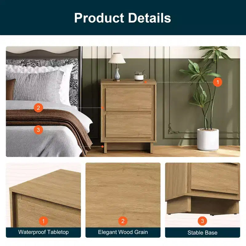 Cómoda moderna de madera con 2 cajones y detalles de bordes limpios, mueble de almacenamiento versátil para dormitorio, sala de estar, oficina y recibidor
