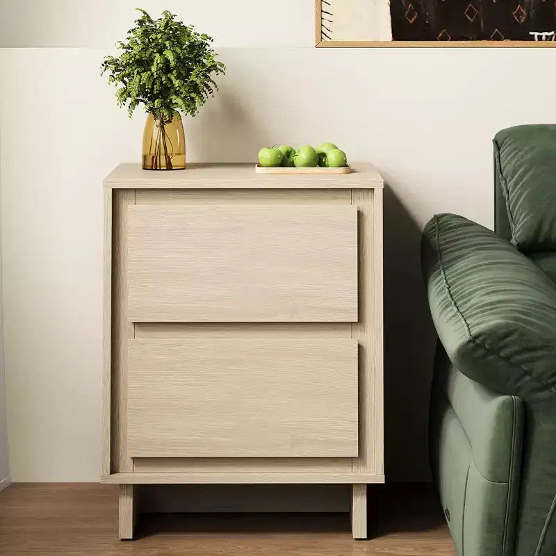 Cómoda moderna de madera con 2 cajones y detalles de bordes limpios, mueble de almacenamiento versátil para dormitorio, sala de estar, oficina y recibidor