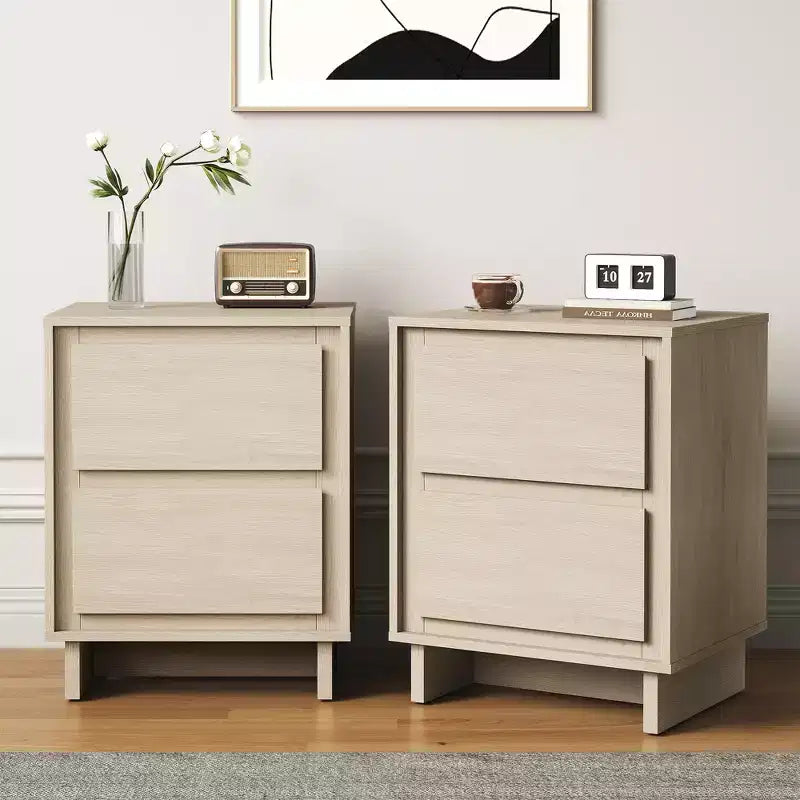 Cómoda moderna de madera con 2 cajones y detalles de bordes limpios, mueble de almacenamiento versátil para dormitorio, sala de estar, oficina y recibidor