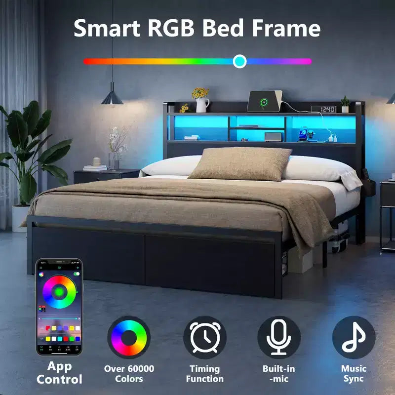 Estructura de cama queen de metal negro con cajones de almacenamiento, cabecero de madera con estante, luces LED y estación de carga, plataforma resistente, no necesita somier, para dormitorio