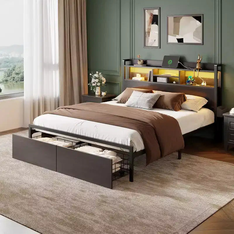 Schwarzes Metallbettgestell in Queen-Größe mit Stauraumschubladen, Kopfteil aus Holz mit Ablage, LED-Leuchten und Ladestation, robuste Plattform, kein Boxspringbett erforderlich, fürs Schlafzimmer