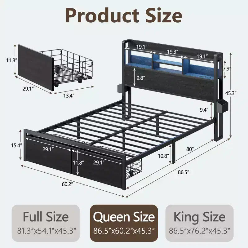 Estructura de cama queen de metal negro con cajones de almacenamiento, cabecero de madera con estante, luces LED y estación de carga, plataforma resistente, no necesita somier, para dormitorio