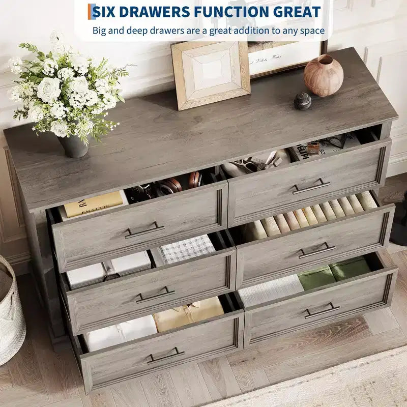 Braune Kommode mit 6 Schubladen fürs Schlafzimmer, große Doppelkommode im Landhausstil mit Metallgriffen, rustikale Holzkommode für Wohnzimmer und Flur