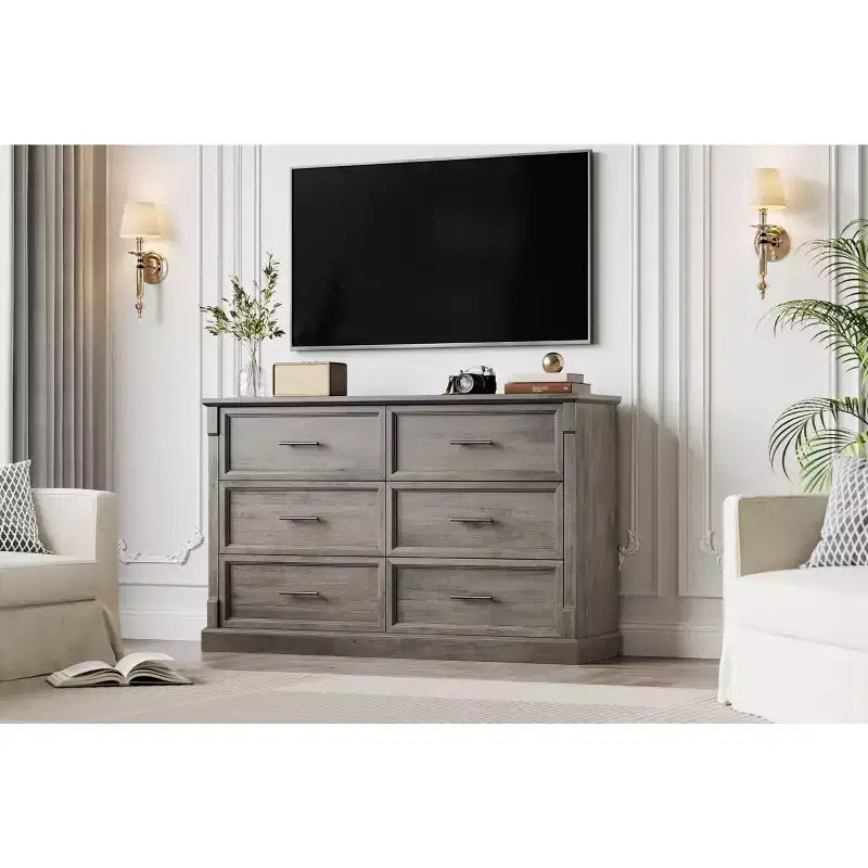Braune Kommode mit 6 Schubladen fürs Schlafzimmer, große Doppelkommode im Landhausstil mit Metallgriffen, rustikale Holzkommode für Wohnzimmer und Flur