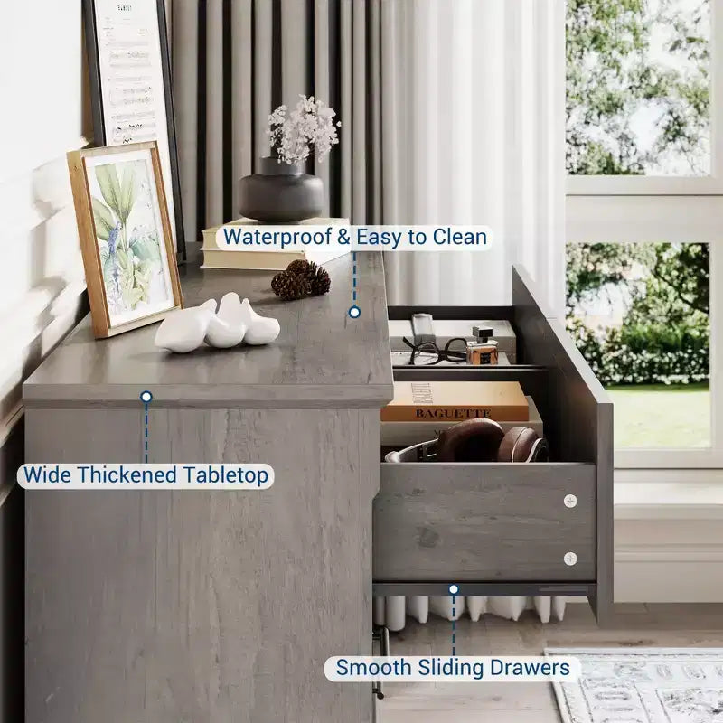 Braune Kommode mit 6 Schubladen fürs Schlafzimmer, große Doppelkommode im Landhausstil mit Metallgriffen, rustikale Holzkommode für Wohnzimmer und Flur