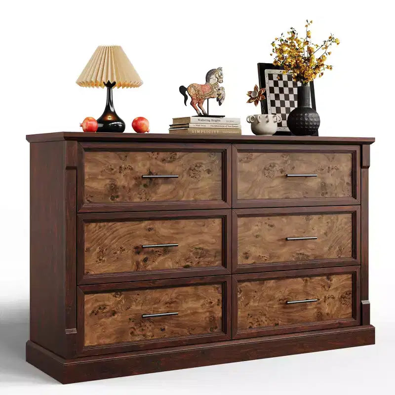 Commode marron à 6 tiroirs pour chambre, grande commode double de style champêtre avec poignées en métal, en bois rustique, pour salon ou couloir