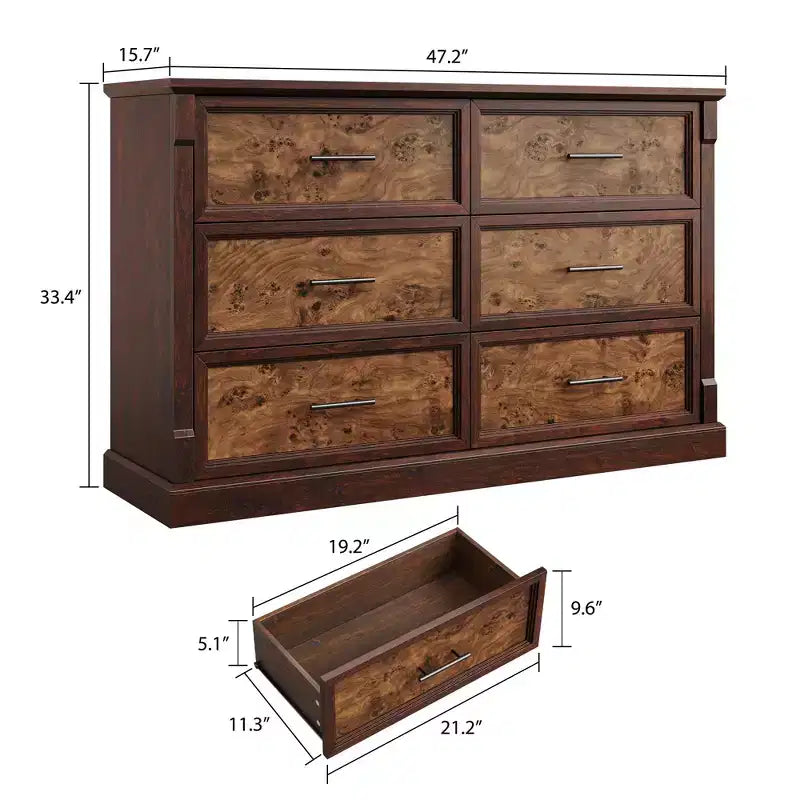 Commode marron à 6 tiroirs pour chambre, grande commode double de style champêtre avec poignées en métal, en bois rustique, pour salon ou couloir