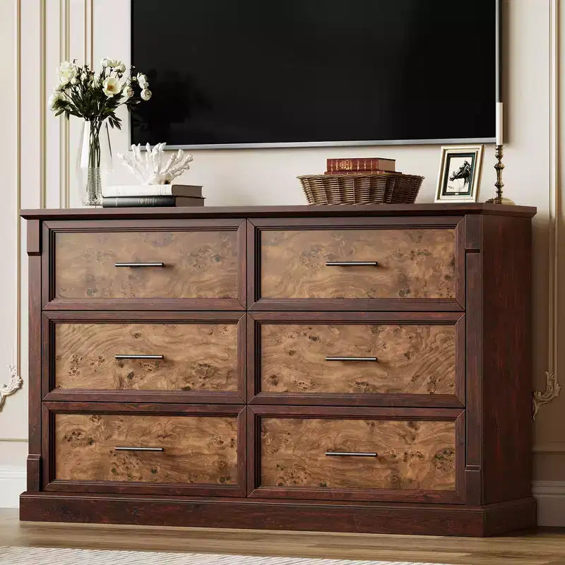 Commode marron à 6 tiroirs pour chambre, grande commode double de style champêtre avec poignées en métal, en bois rustique, pour salon ou couloir