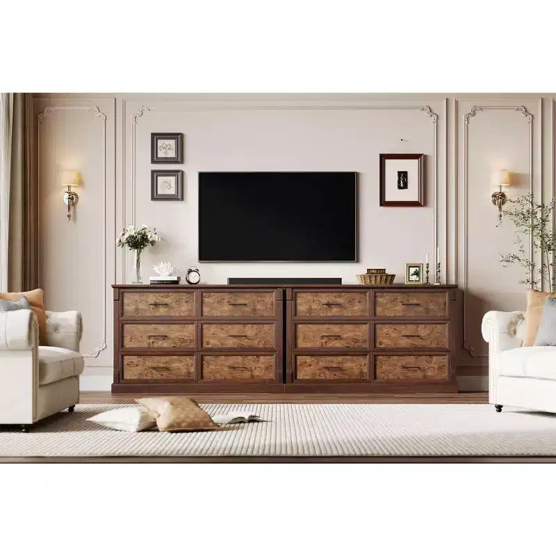 Braune Kommode mit 6 Schubladen fürs Schlafzimmer, große Doppelkommode im Landhausstil mit Metallgriffen, rustikale Holzkommode für Wohnzimmer und Flur