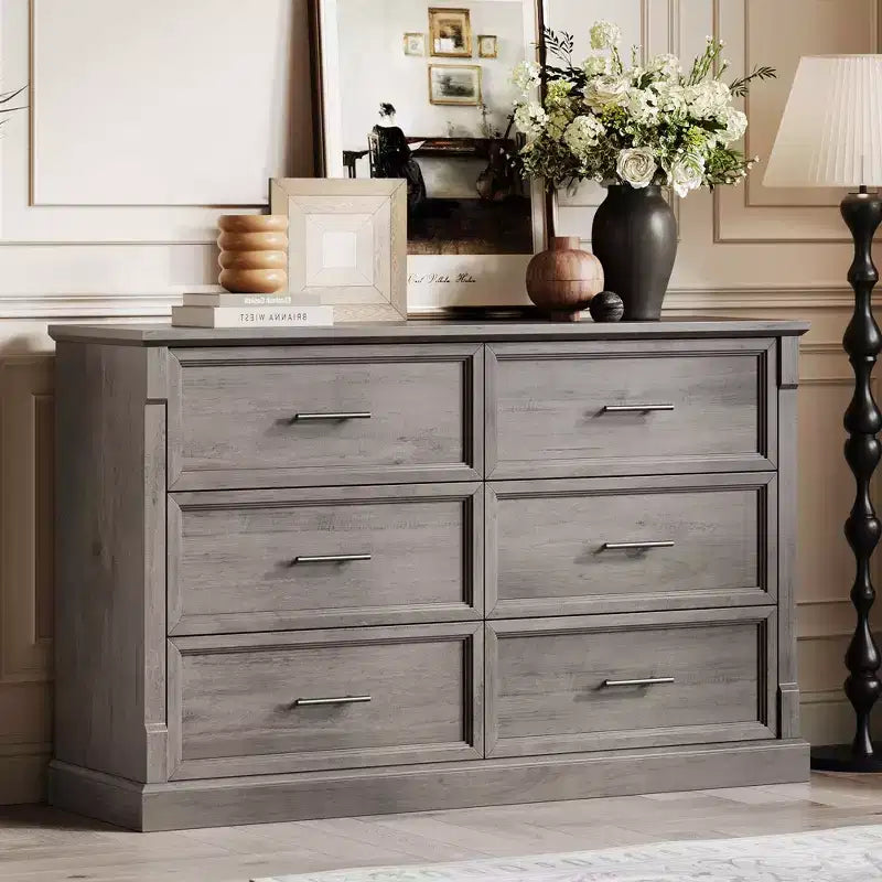 Commode marron à 6 tiroirs pour chambre, grande commode double de style champêtre avec poignées en métal, en bois rustique, pour salon ou couloir