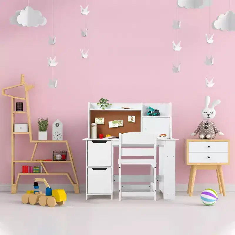 Kinderschreibtisch- und Stuhlset mit Aufsatz, hölzerner Lerntisch mit Bücherregal, Stauraum und Korktafel, Kinderschreibtisch für das Lernen zu Hause, Weiß