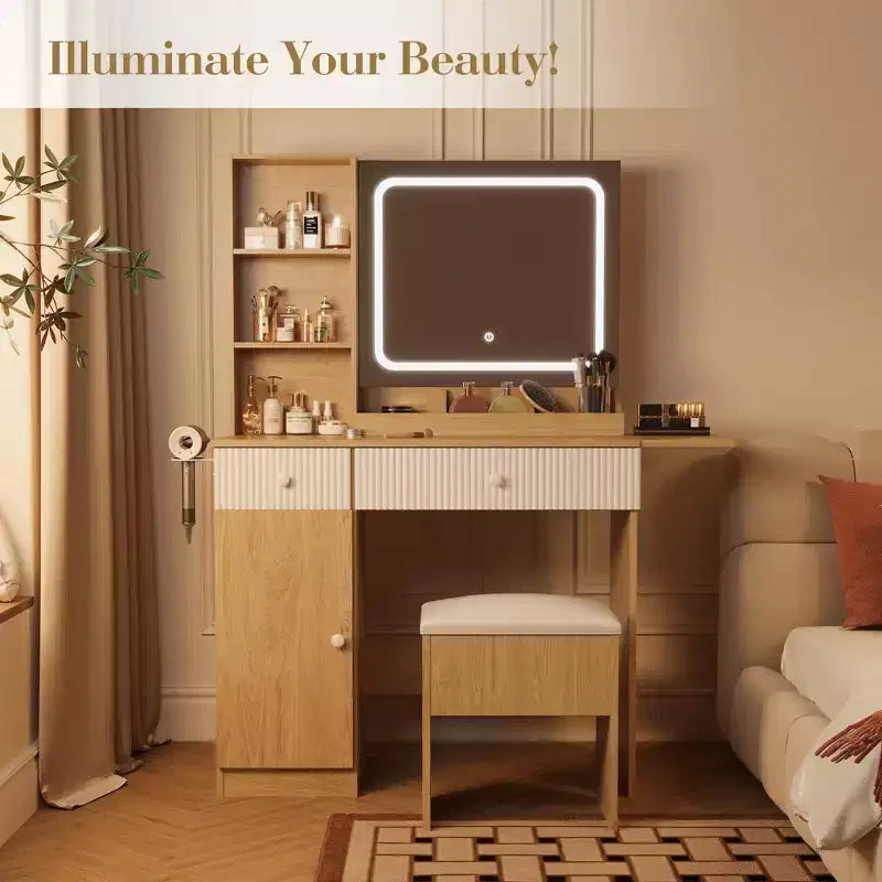 Coiffeuse avec miroir, panneau rabattable, chaise de rangement, tiroir et étagères, ensemble compact pour la chambre, bois naturel