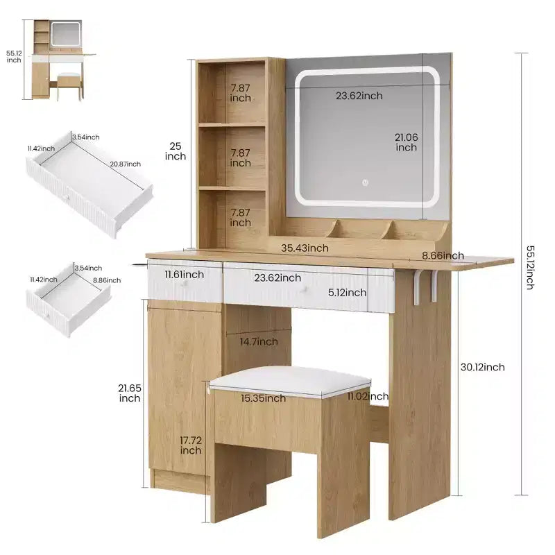Tocador con espejo, panel plegable, silla de almacenamiento, cajón y estantes, juego compacto de tocador para dormitorio, madera natural