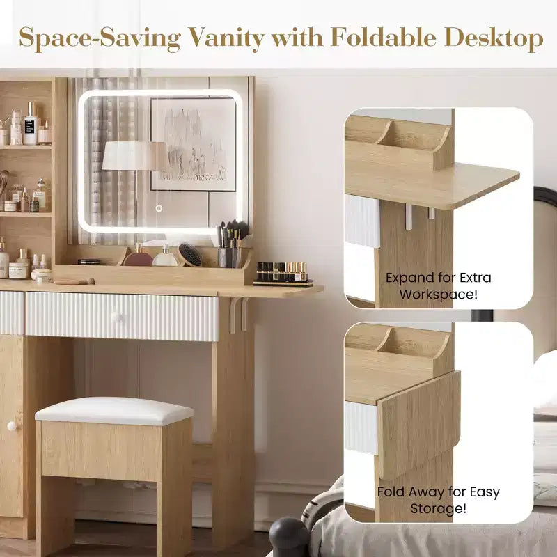 Coiffeuse avec miroir, panneau rabattable, chaise de rangement, tiroir et étagères, ensemble compact pour la chambre, bois naturel