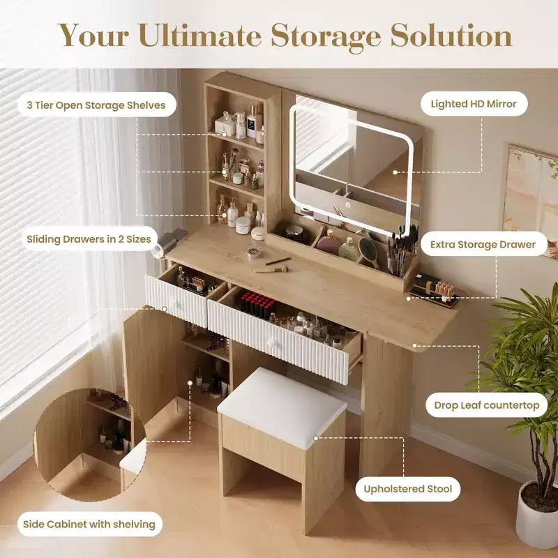 Tocador con espejo, panel plegable, silla de almacenamiento, cajón y estantes, juego compacto de tocador para dormitorio, madera natural