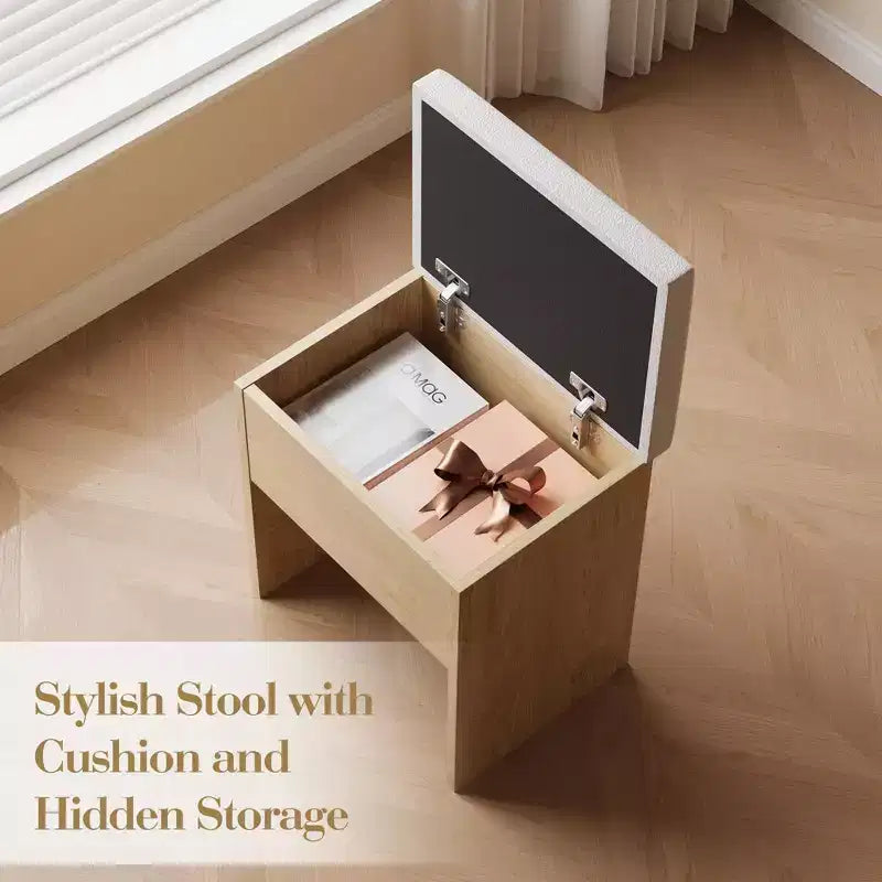 Coiffeuse avec miroir, panneau rabattable, chaise de rangement, tiroir et étagères, ensemble compact pour la chambre, bois naturel