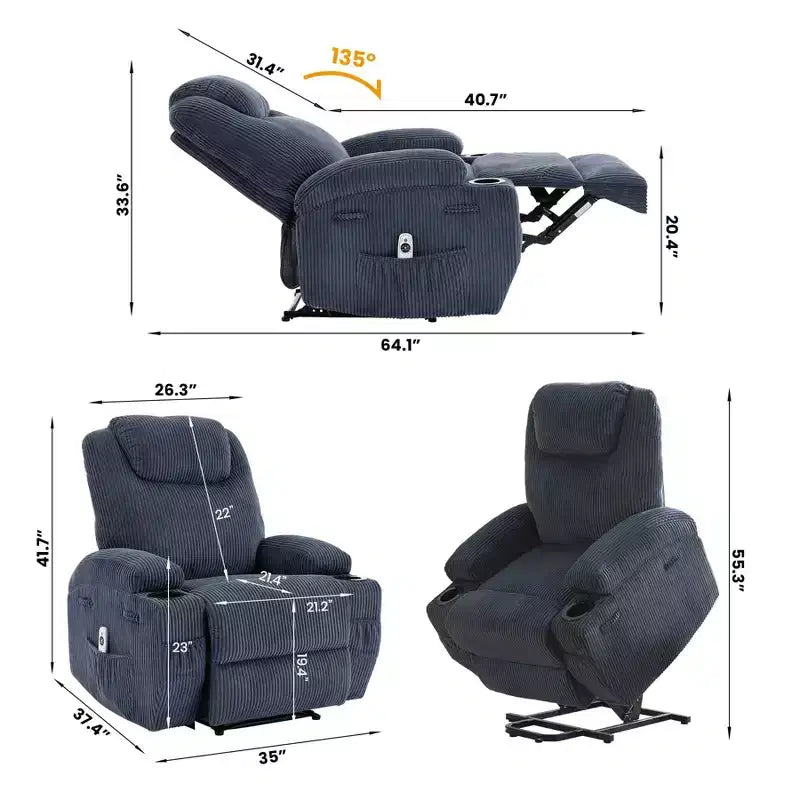 Elektrischer Hebesessel mit Massage und Wärmefunktion, 155 verstellbarem Cordsofa, Aufstehhilfe, Seitentaschen und Getränkehaltern für Senioren, Grau