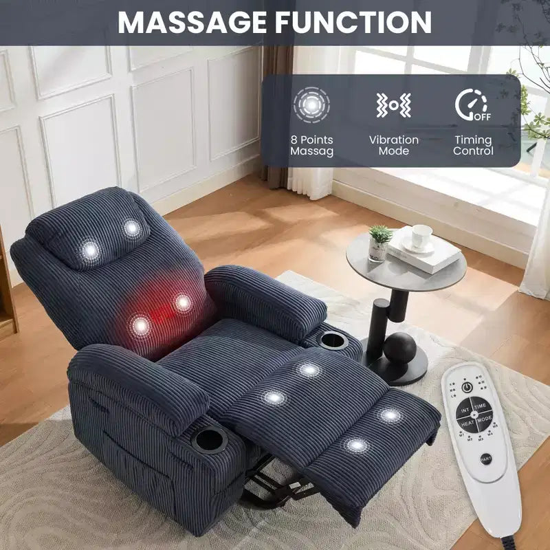 Elektrischer Hebesessel mit Massage und Wärmefunktion, 155 verstellbarem Cordsofa, Aufstehhilfe, Seitentaschen und Getränkehaltern für Senioren, Grau